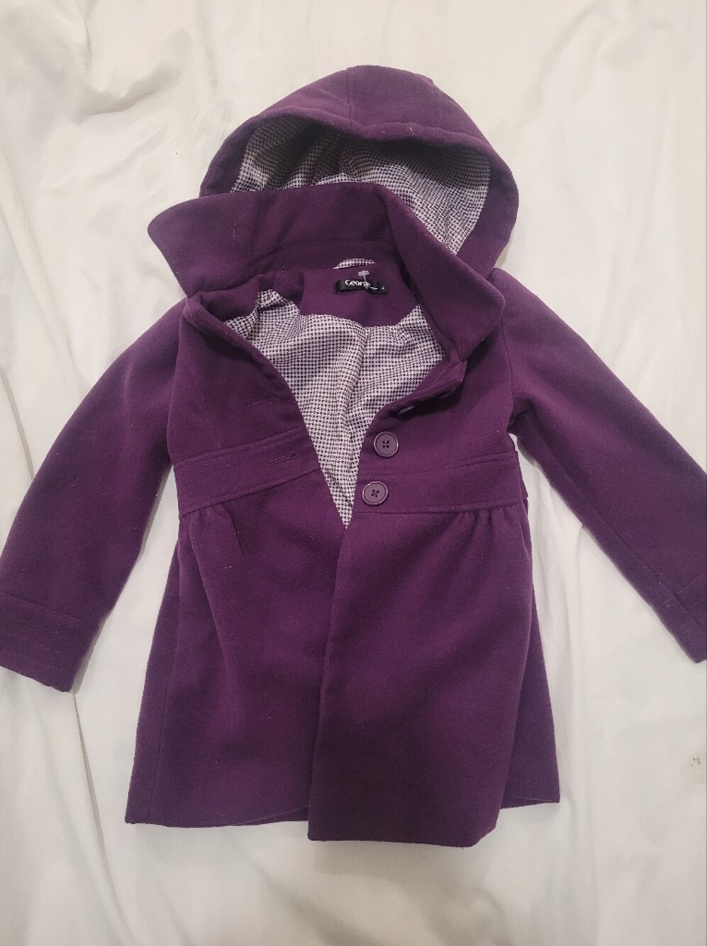George Girls' Purple Pea Coat with Check Lining